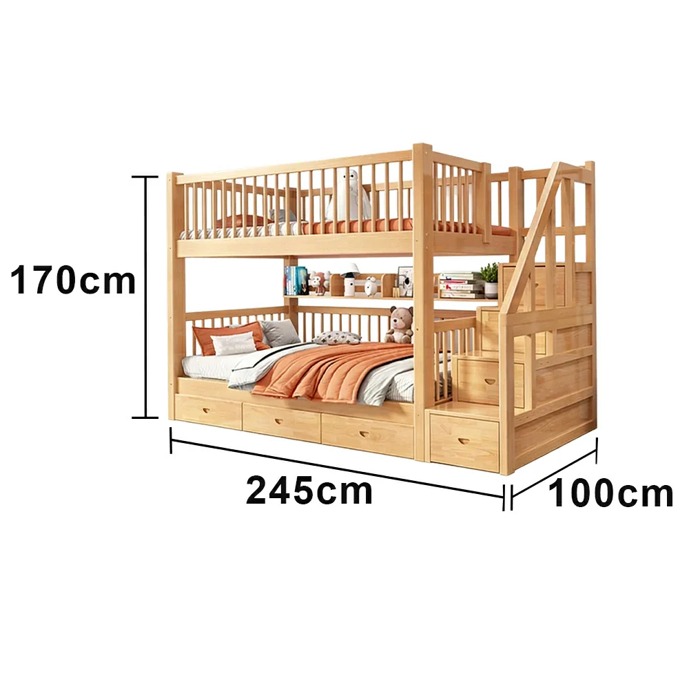 LUXORA 100/120cm Kids Bunk Bed Solid Pine Wood Frame with 3 Drawer Storage Stairs Equal Width Top and Bottom Safety Design - Image 5