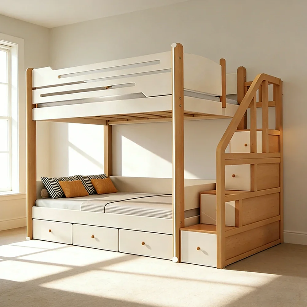 LUXORA 100/120cm Kids Bunk Bed with 3 Drawer Storage Stairs Solid Pine Frame Equal Width Structure Safety Features - Image 2