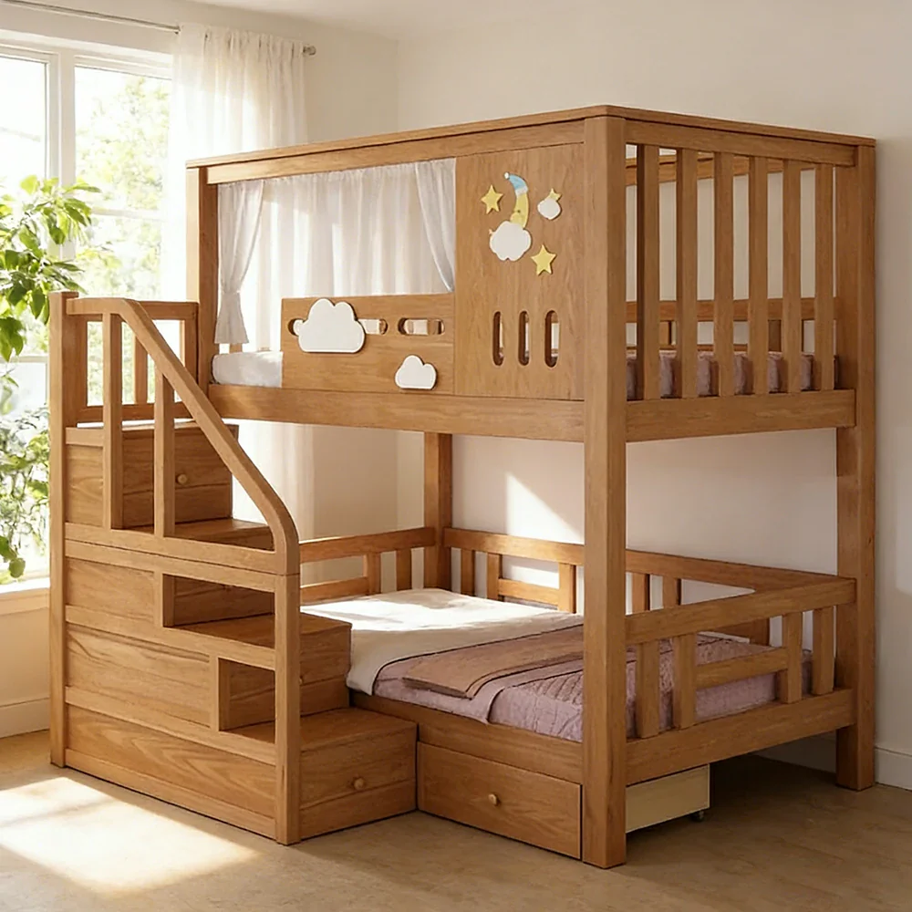LUXORA Solid Pine Kids Bunk Bed 100/120cm Equal Width Design with Storage Stairs 3 Drawers Safety Rails - Image 2