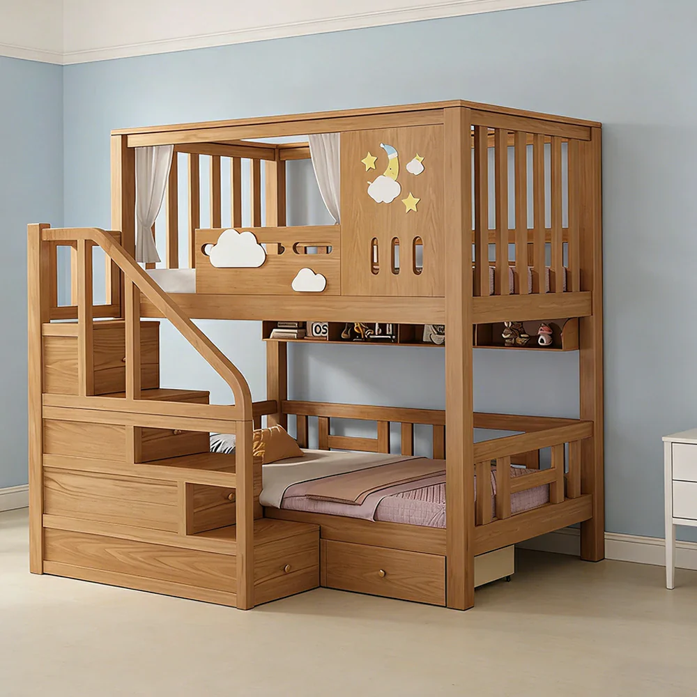 LUXORA Solid Pine Kids Bunk Bed 100/120cm Equal Width Design with Storage Stairs 3 Drawers Safety Rails - Image 4