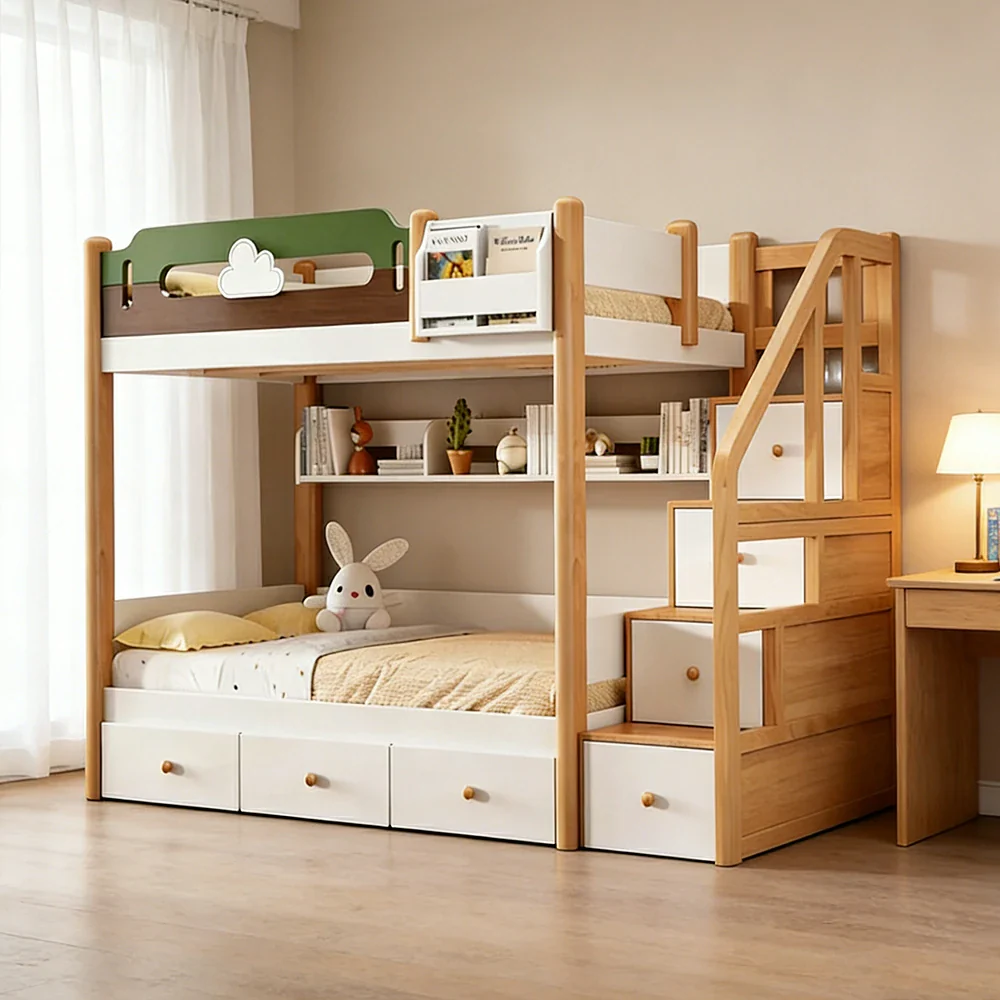 LUXORA 100/120cm Equal Width Kids Bunk Bed with Storage Staircase Solid Pine Wood Frame 3 Drawers Safety Design - Image 2