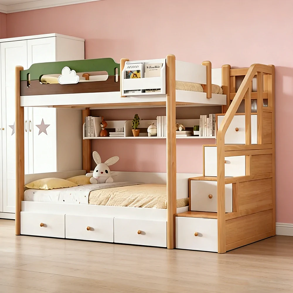 LUXORA 100/120cm Equal Width Kids Bunk Bed with Storage Staircase Solid Pine Wood Frame 3 Drawers Safety Design - Image 4