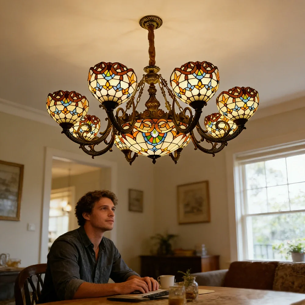 LUXORA 110/120cm European Vintage Colored Glass Chandelier Multi-Light Iron Decorative Adjustable Chain Living Room Dining Bedroom Study - Image 4