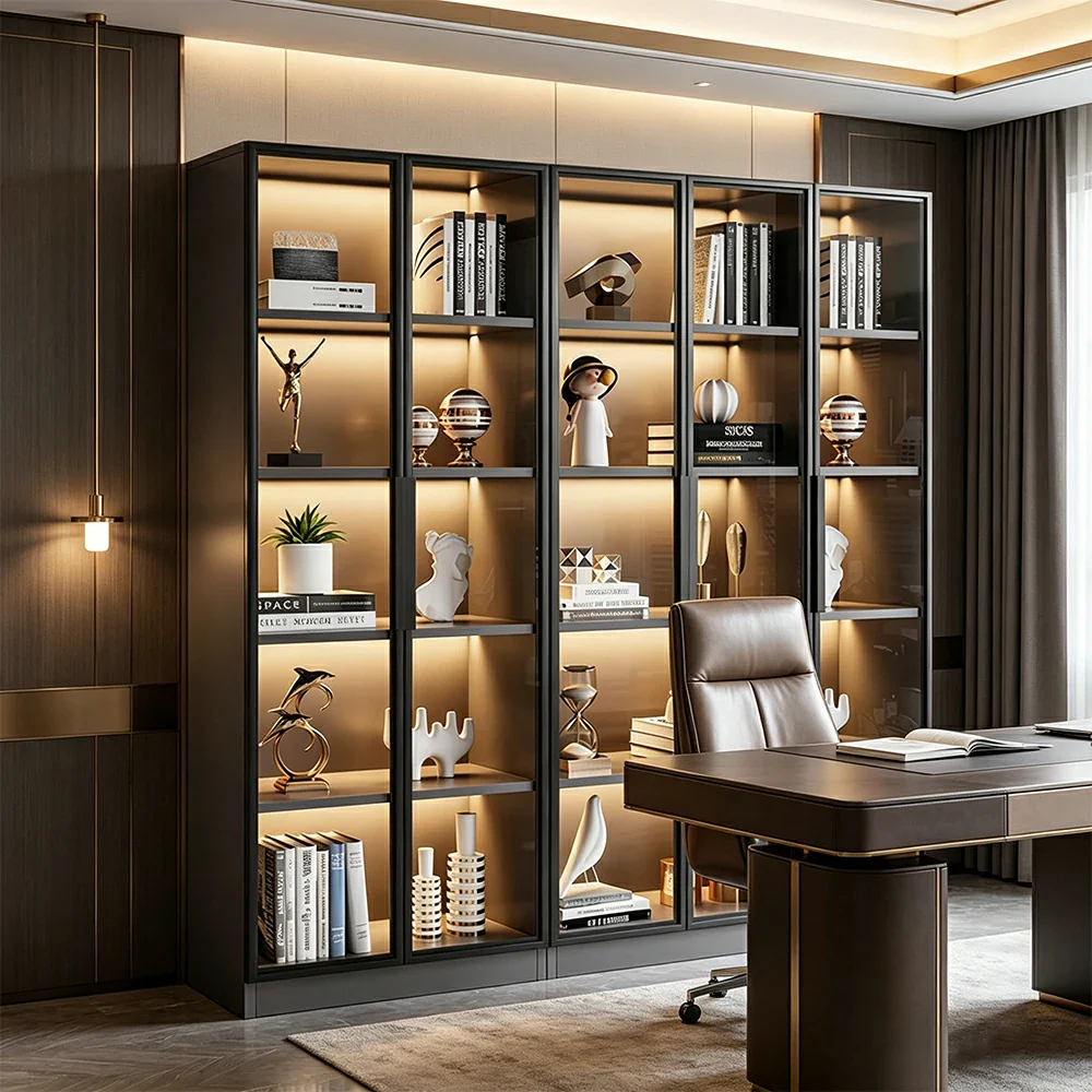 LUXORA 220cm 5-Tier Display Cabinet - Five Door Tempered Glass Storage with LED Lighting for Living Room - Light Grey - Image 2