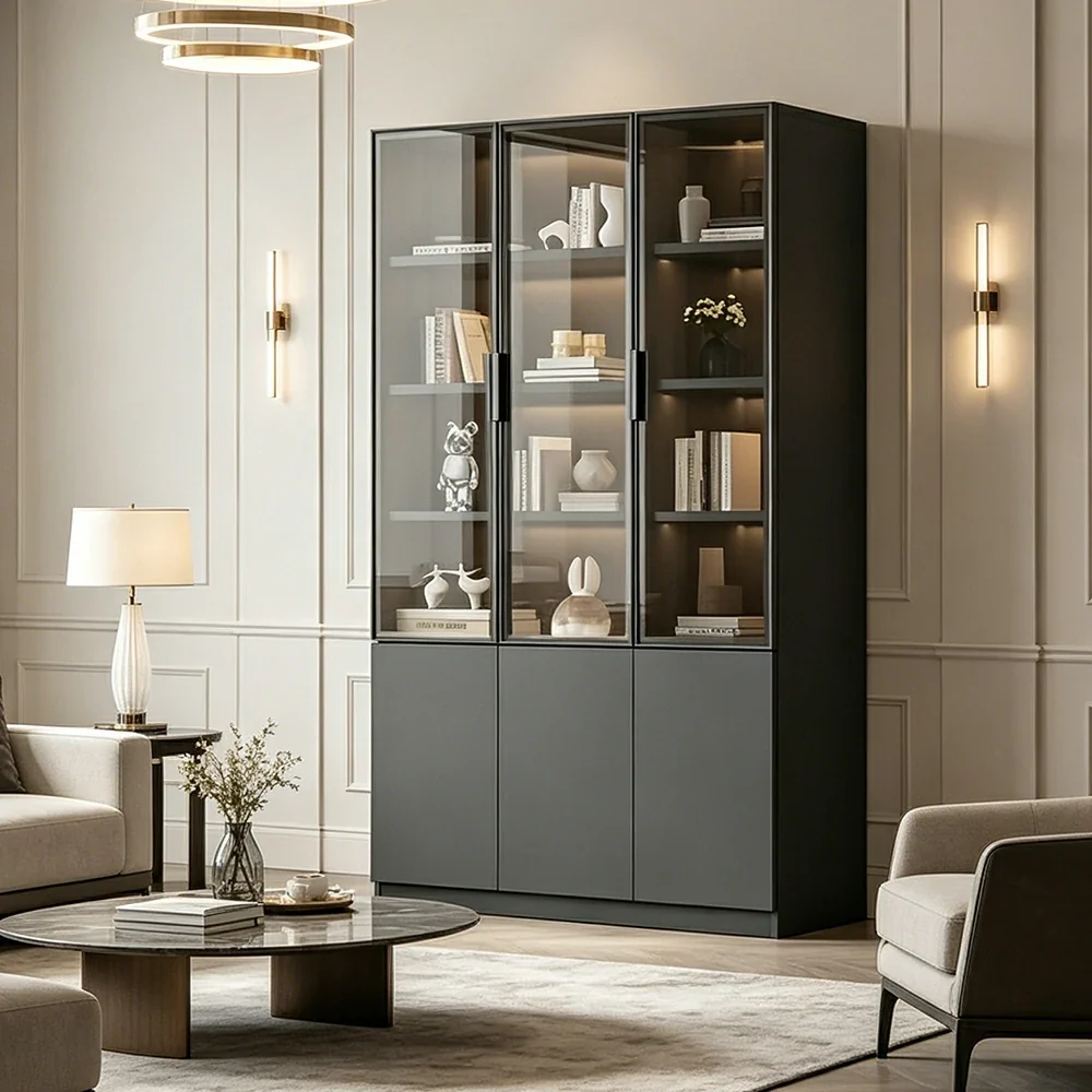 LUXORA Storage Cabinet - Honeycomb Aluminum Frame Glass Door Display Cabinet 90/120cm Living Room Storage - Grey - Image 5