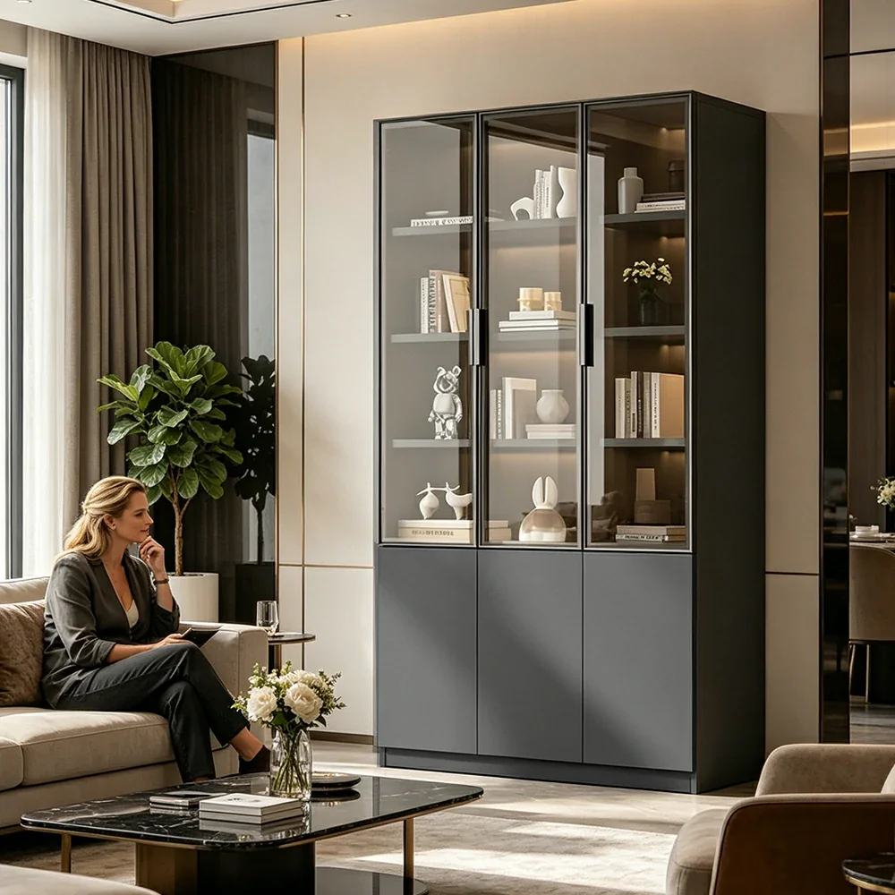 LUXORA Storage Cabinet - Honeycomb Aluminum Frame Glass Door Display Cabinet 90/120cm Living Room Storage - Grey - Image 7
