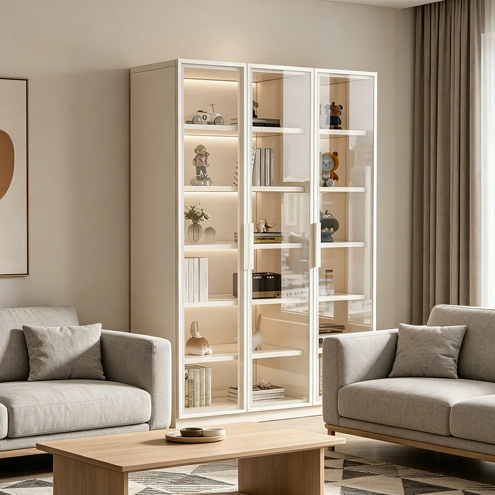 LUXORA Storage Cabinet - Honeycomb Aluminum Frame Full Glass Door Display Cabinet 90/120cm Living Room Storage - White - Image 2