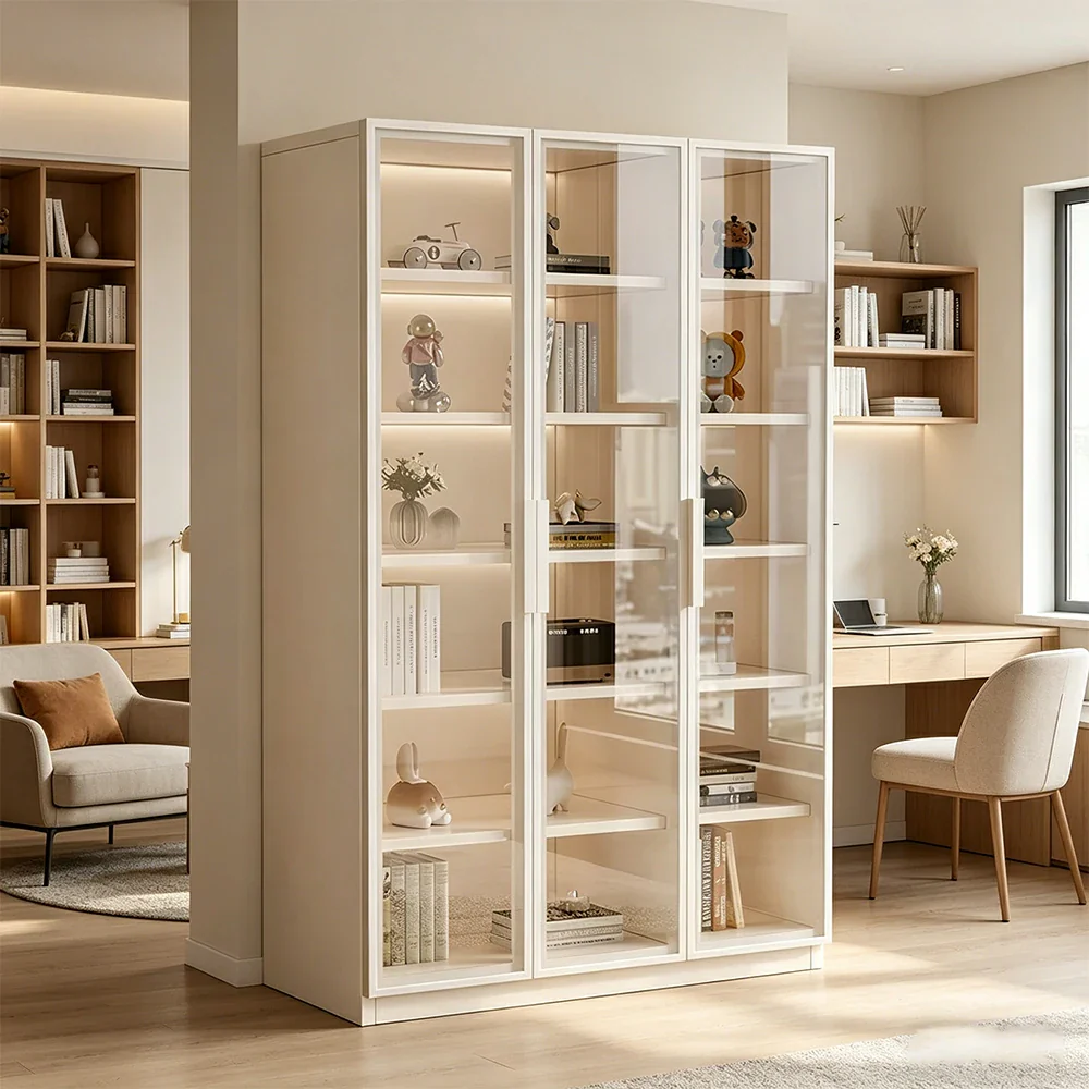 LUXORA Storage Cabinet - Honeycomb Aluminum Frame Full Glass Door Display Cabinet 90/120cm Living Room Storage - White - Image 4