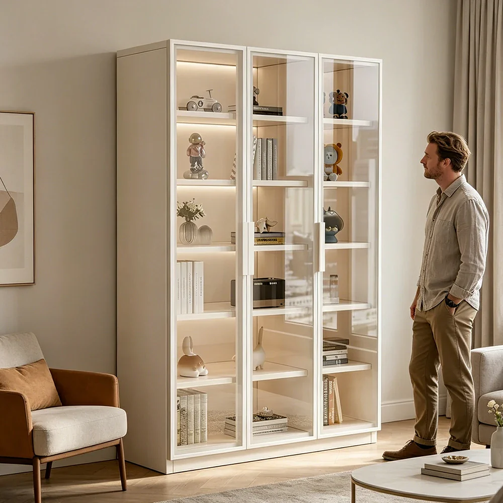 LUXORA Storage Cabinet - Honeycomb Aluminum Frame Full Glass Door Display Cabinet 90/120cm Living Room Storage - White - Image 7