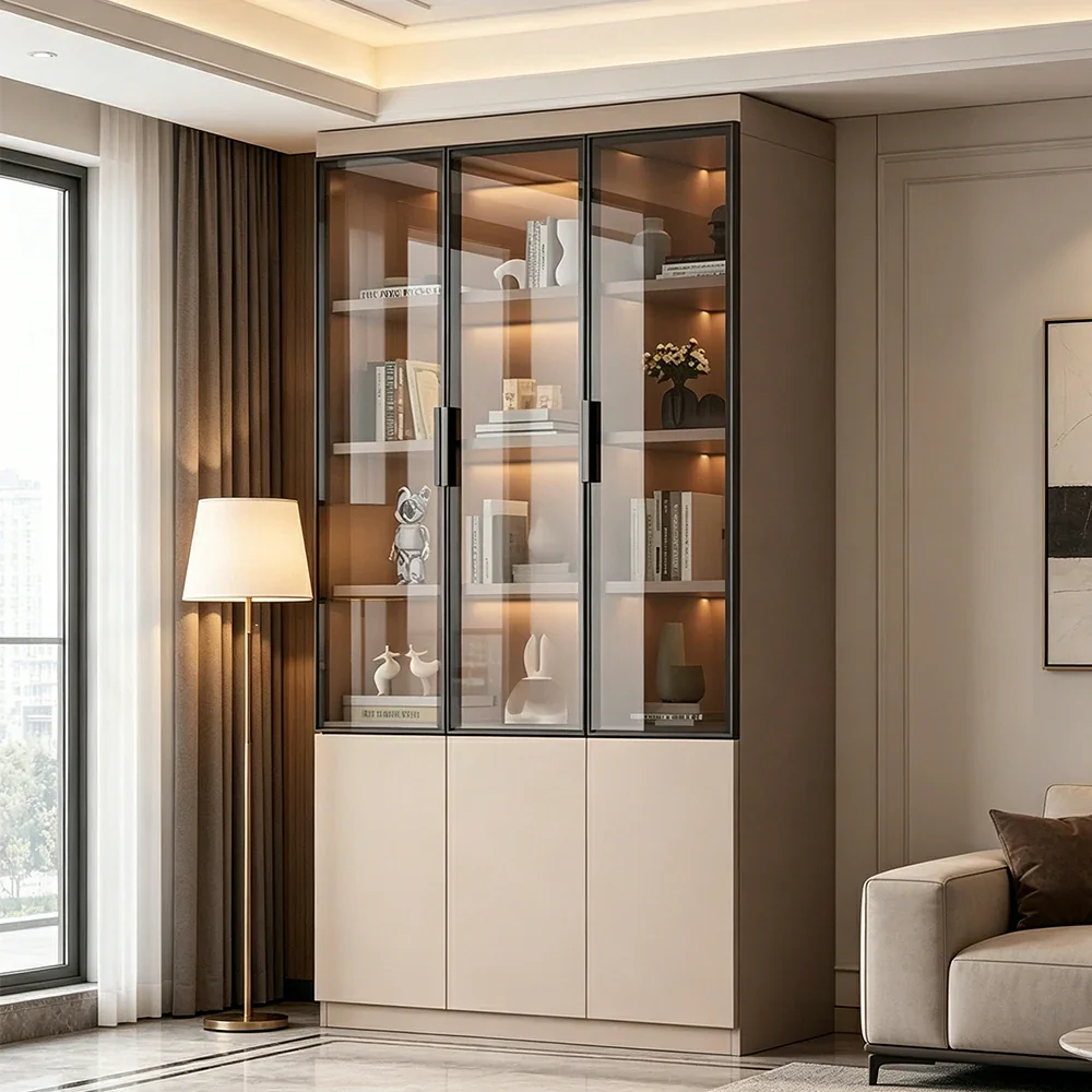 LUXORA Storage Cabinet - Honeycomb Aluminum Frame Glass Door Display Cabinet 90/120cm Living Room Storage - Coffee - Image 6