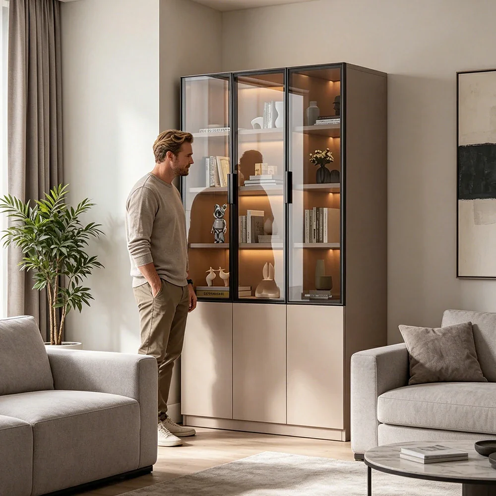 LUXORA Storage Cabinet - Honeycomb Aluminum Frame Glass Door Display Cabinet 90/120cm Living Room Storage - Coffee - Image 7