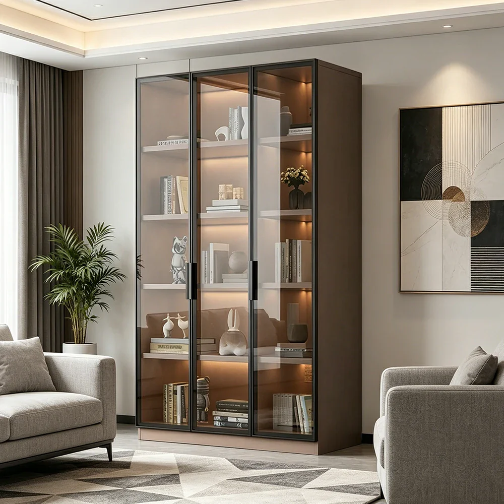 LUXORA Storage Cabinet - Honeycomb Aluminum Frame Full Glass Door Display Cabinet 90/120cm Living Room Storage - Coffee - Image 2