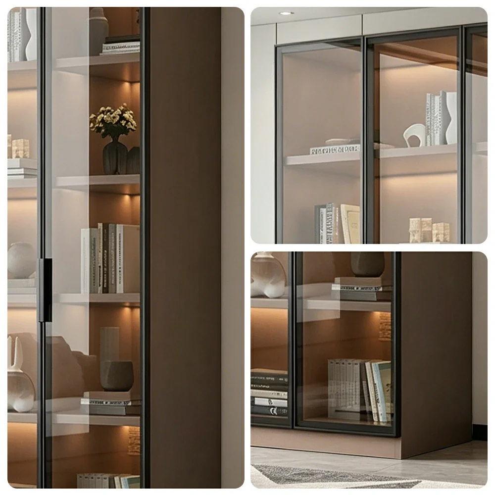 LUXORA Storage Cabinet - Honeycomb Aluminum Frame Full Glass Door Display Cabinet 90/120cm Living Room Storage - Coffee - Image 3