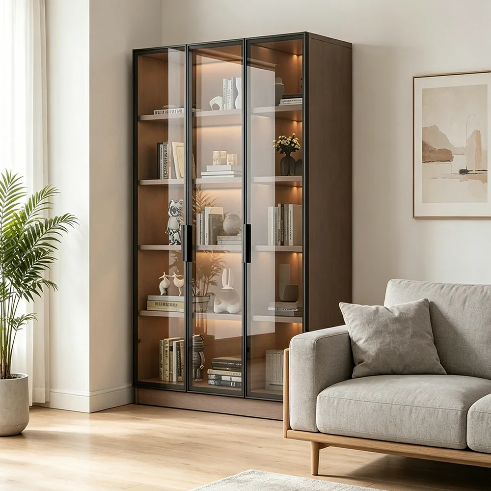 LUXORA Storage Cabinet - Honeycomb Aluminum Frame Full Glass Door Display Cabinet 90/120cm Living Room Storage - Coffee - Image 4
