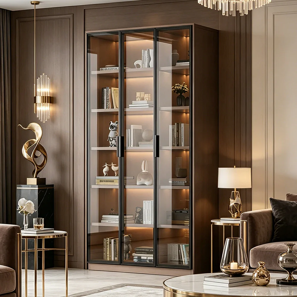 LUXORA Storage Cabinet - Honeycomb Aluminum Frame Full Glass Door Display Cabinet 90/120cm Living Room Storage - Coffee - Image 5