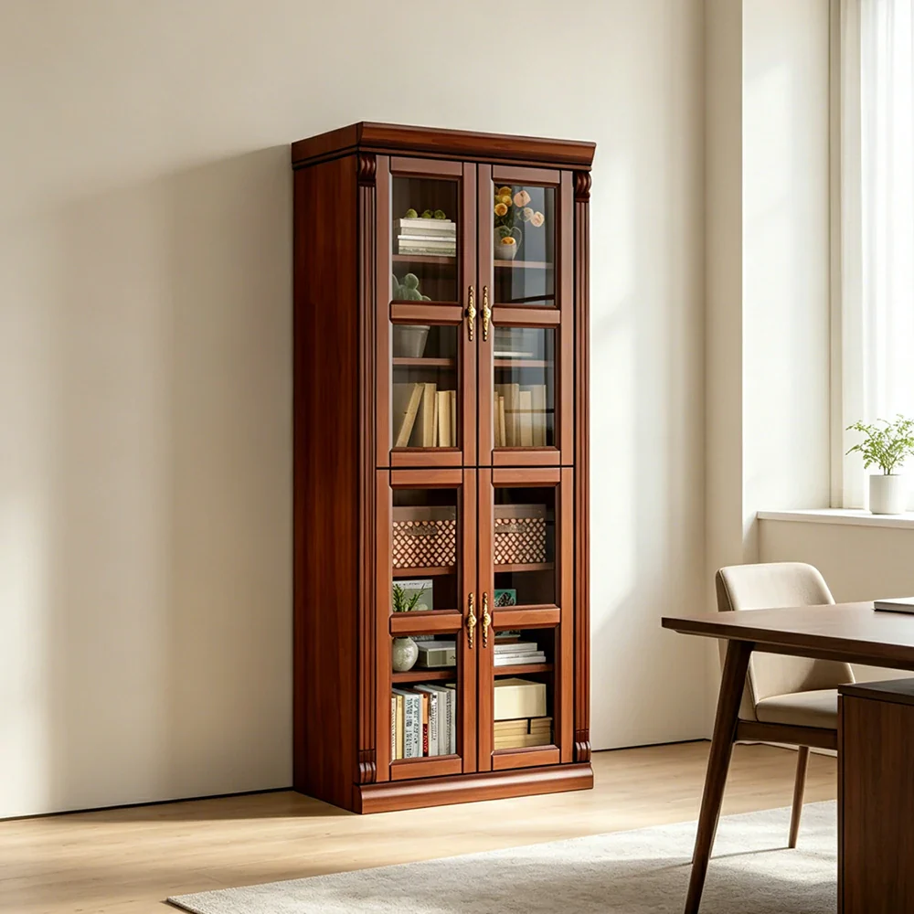 LUXORA Bookshelf Cabinet - Solid Wood Glass Door Display Bookcase 210cm Living Room Study Storage - Brown - Image 2