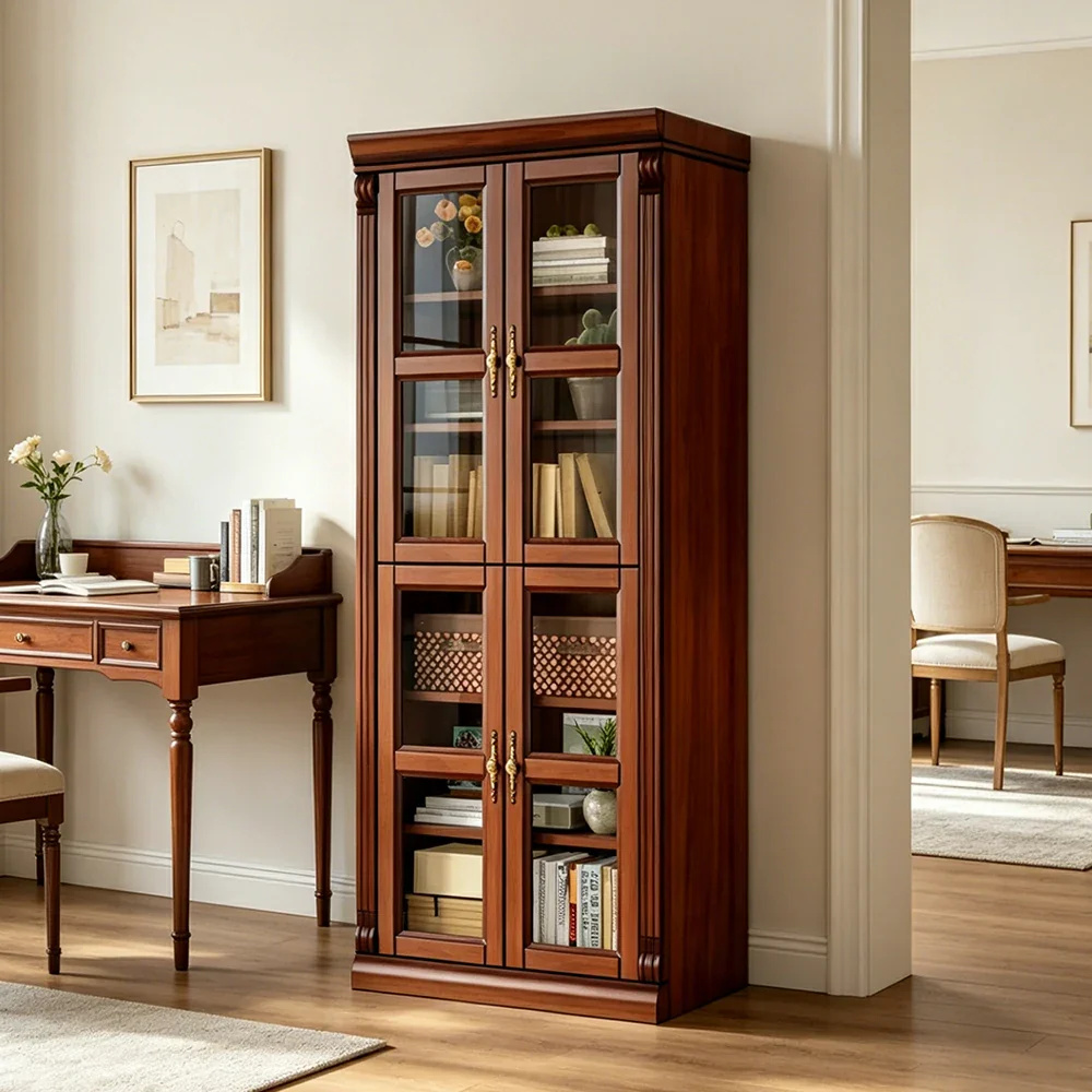 LUXORA Bookshelf Cabinet - Solid Wood Glass Door Display Bookcase 210cm Living Room Study Storage - Brown - Image 4