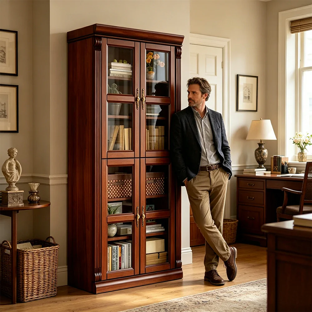 LUXORA Bookshelf Cabinet - Solid Wood Glass Door Display Bookcase 210cm Living Room Study Storage - Brown - Image 5