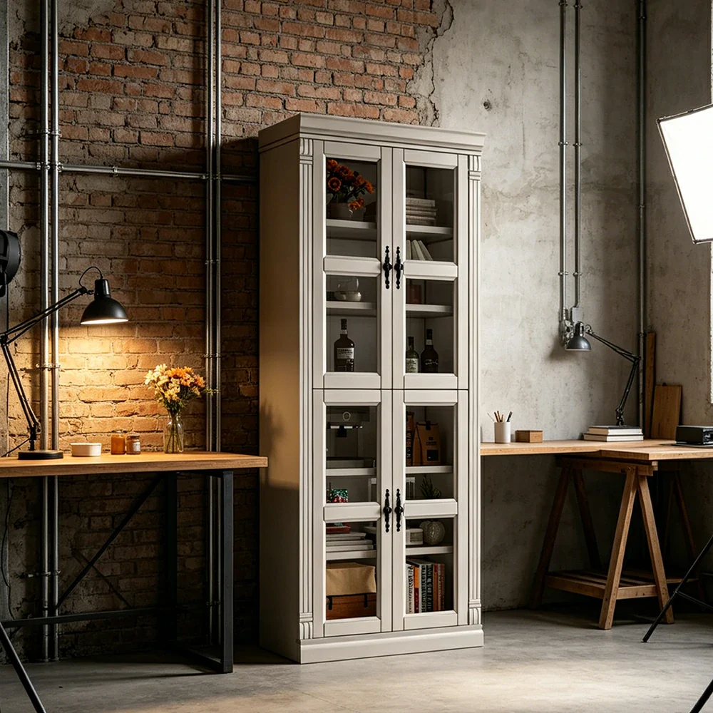 LUXORA Bookshelf Cabinet - Solid Wood Glass Door Display Bookcase 210cm Living Room Study Storage - White - Image 5