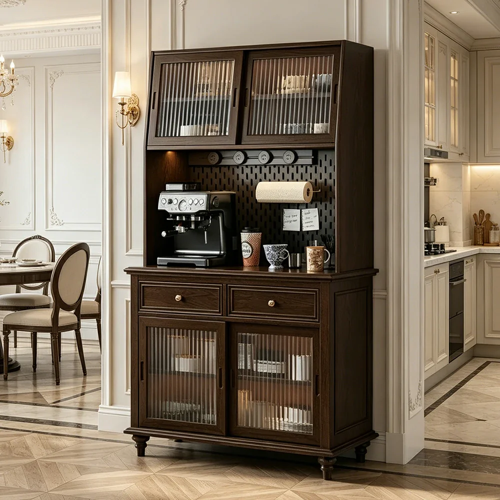 LUXORA Solid Wood Sideboard Cabinet with Pegboard Storage Sliding Glass Doors 90/120cm for Dining Room Coffee Bar - Image 2