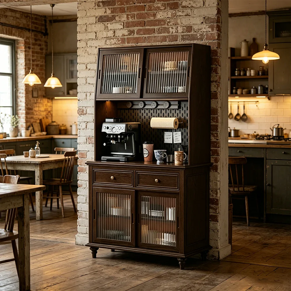 LUXORA Solid Wood Sideboard Cabinet with Pegboard Storage Sliding Glass Doors 90/120cm for Dining Room Coffee Bar - Image 4