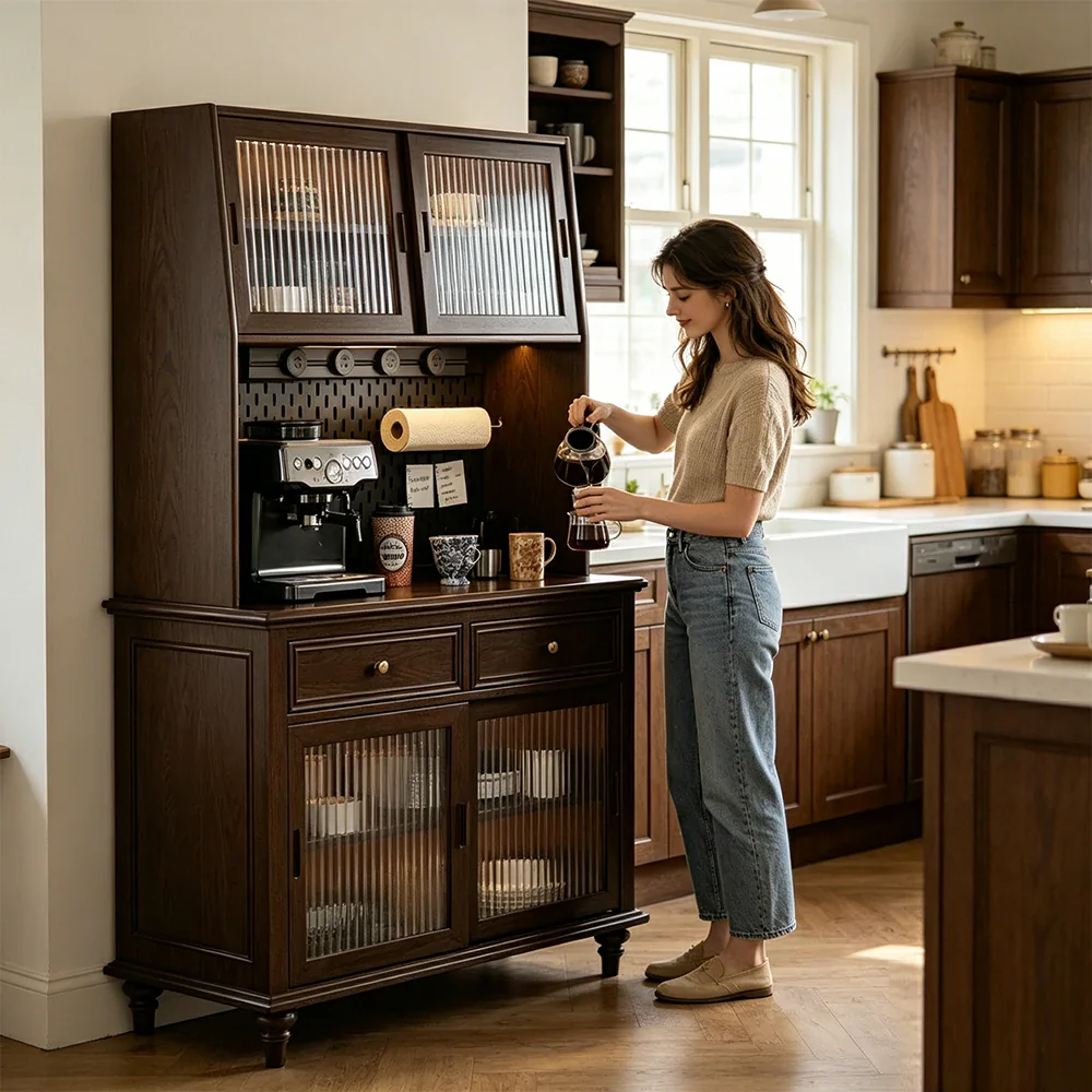 LUXORA Solid Wood Sideboard Cabinet with Pegboard Storage Sliding Glass Doors 90/120cm for Dining Room Coffee Bar - Image 5