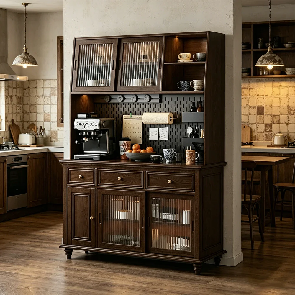 LUXORA Solid Wood Sideboard Cabinet with Pegboard Storage Sliding Glass Doors 90/120cm for Dining Room Coffee Bar - Image 8