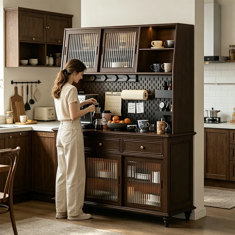 LUXORA Solid Wood Sideboard Cabinet with Pegboard Storage Sliding Glass Doors 90/120cm for Dining Room Coffee Bar - Image 9