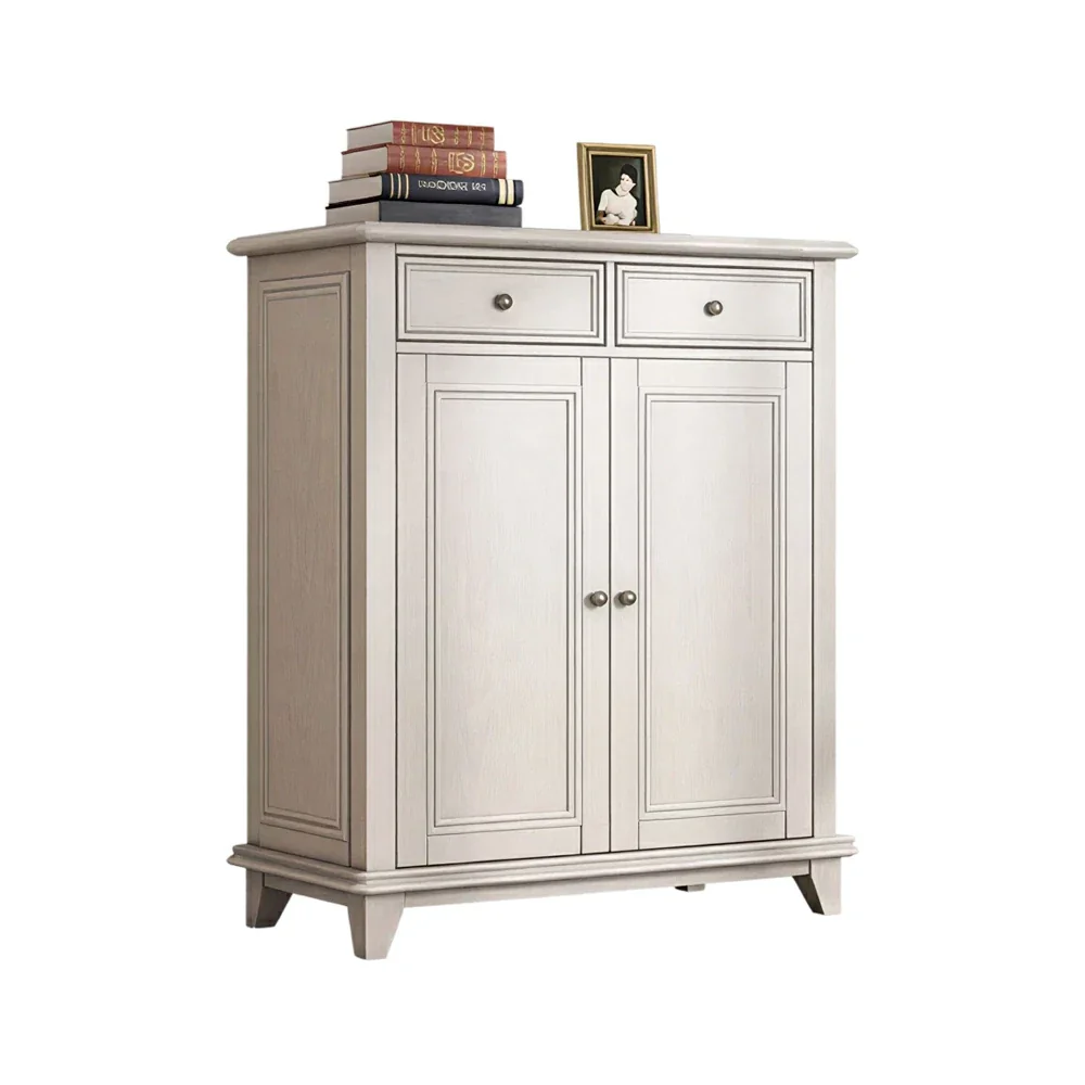 LUXORA Solid Wood 2 Door Shoe Cabinet with Multi-Drawer Storage American Style Entryway Organizer for Hallway Foyer - White