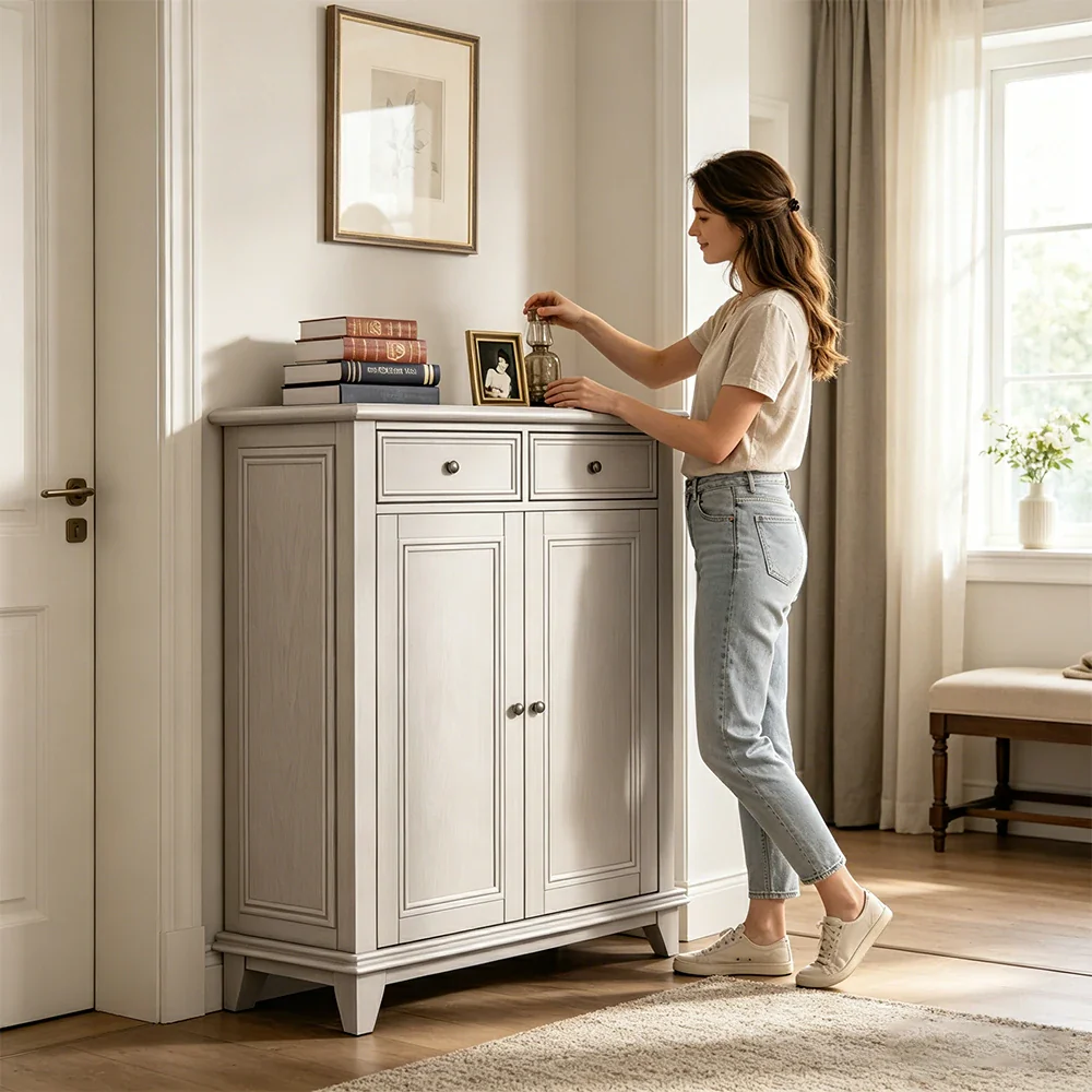 LUXORA Solid Wood 2 Door Shoe Cabinet with Multi-Drawer Storage American Style Entryway Organizer for Hallway Foyer - White - Image 4