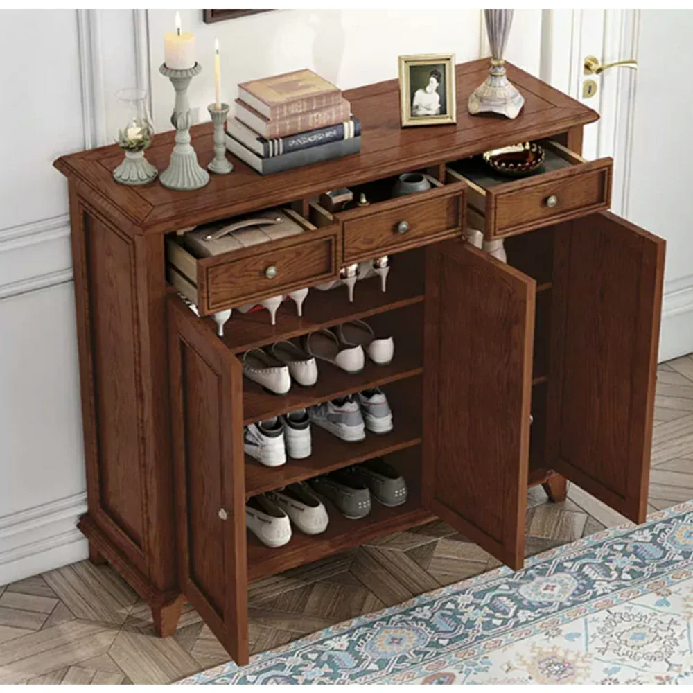 LUXORA Solid Wood 3 Door Shoe Cabinet with Multi-Drawer Storage American Style Entryway Organizer for Hallway Foyer - Walnut - Image 4
