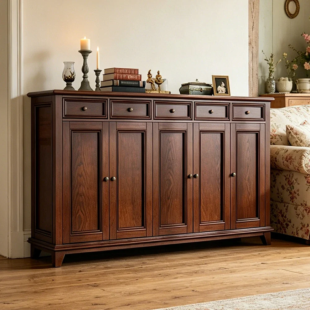 LUXORA Solid Wood 5 Door Shoe Cabinet with Multi-Drawer Storage American Style Entryway Organizer for Hallway Foyer - Walnut - Image 2