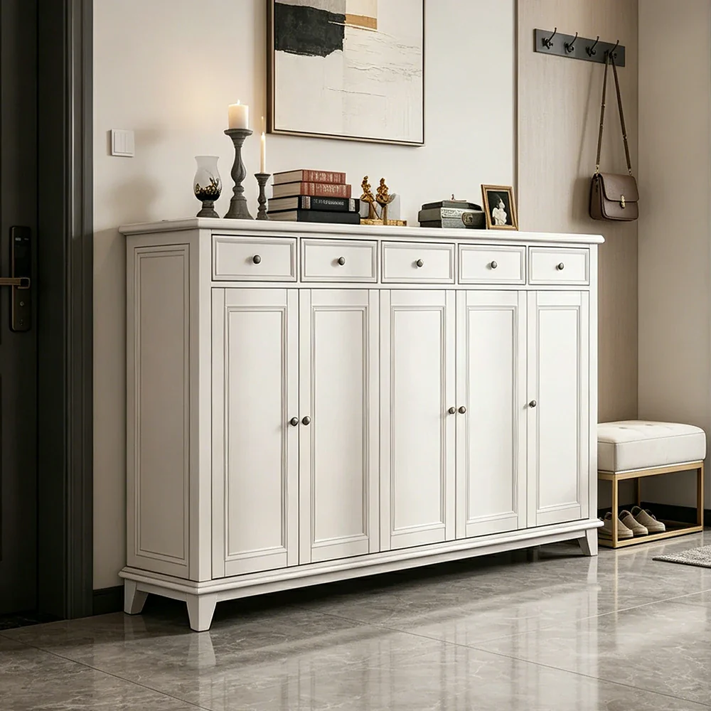 LUXORA Solid Wood 5 Door Shoe Cabinet with Multi-Drawer Storage American Style Entryway Organizer for Hallway Foyer - White - Image 2