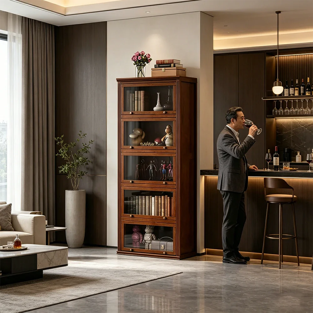 LUXORA 5-Tier Solid Ash Wood Bookcase Flip-Up Glass Door Storage Cabinet 60/80cm for Living Room Study - Image 2
