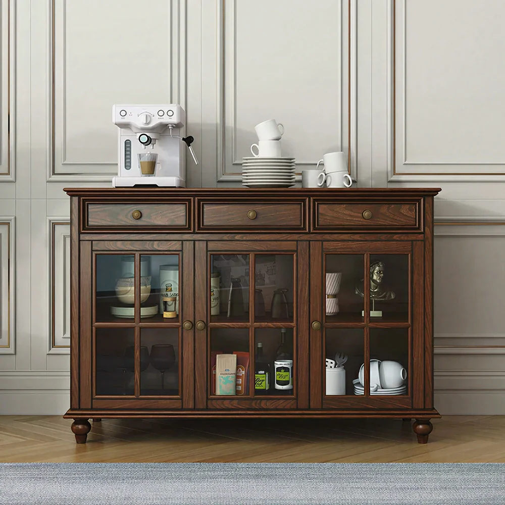 LUXORA Solid Ash Wood Glass Door Three Door Storage Cabinet Vintage Organizer for Bedroom Living Room - Walnut - Image 2
