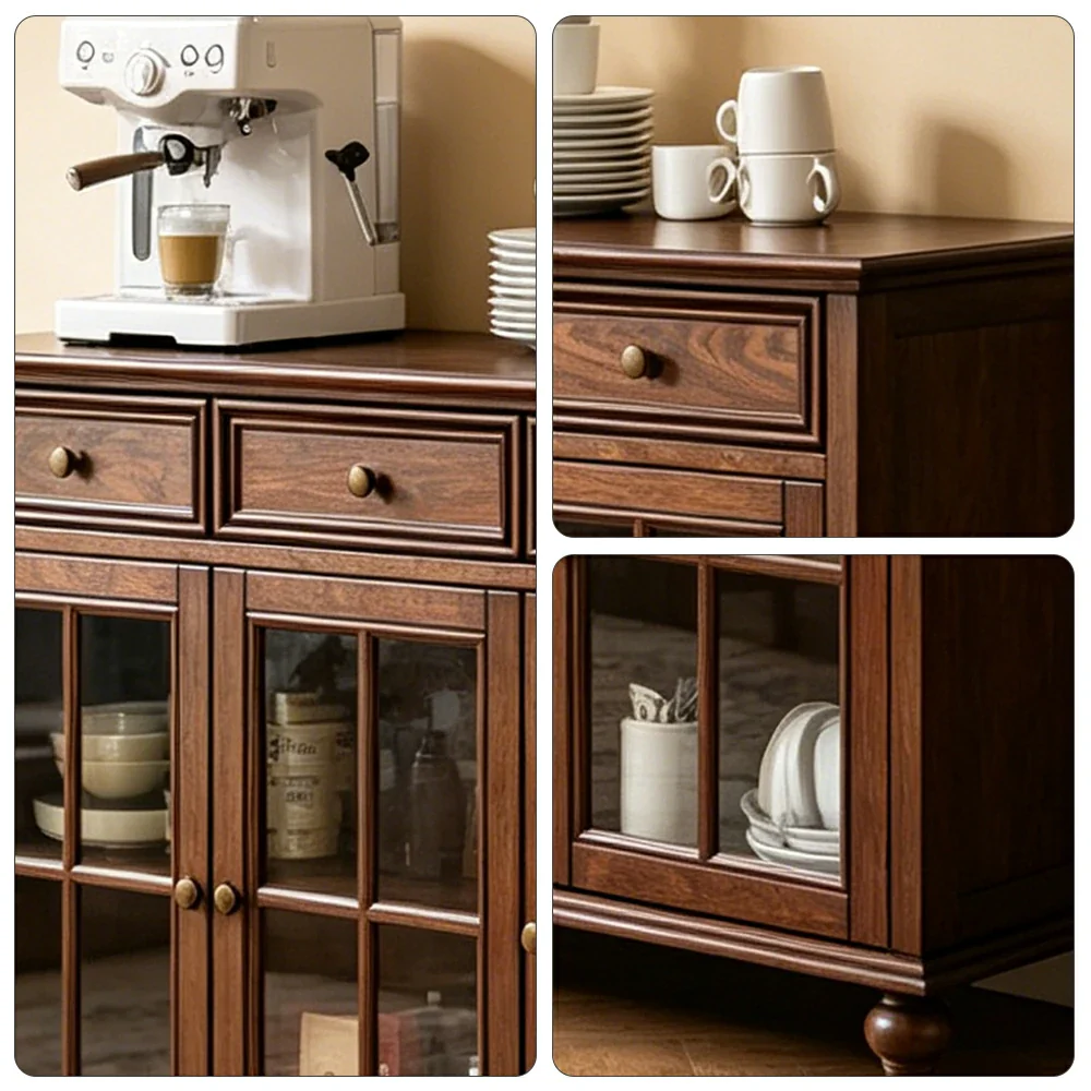 LUXORA Solid Ash Wood Glass Door Three Door Storage Cabinet Vintage Organizer for Bedroom Living Room - Walnut - Image 3