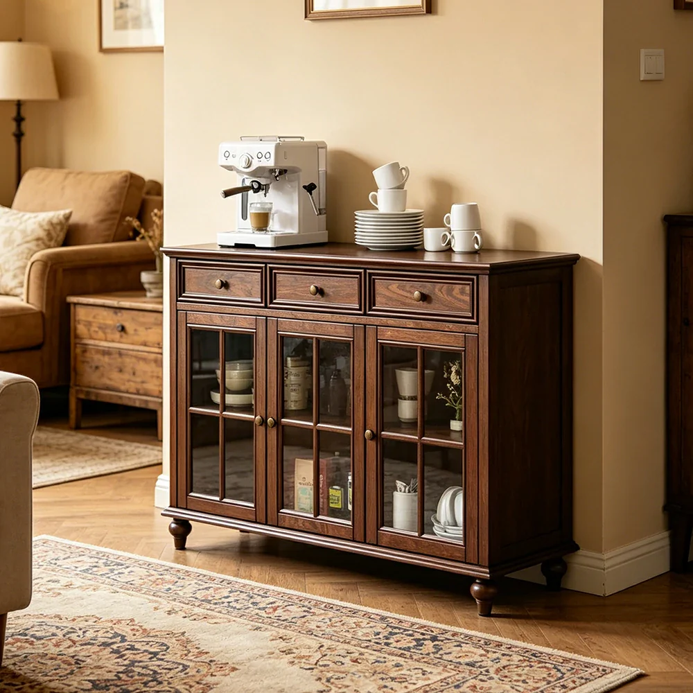 LUXORA Solid Ash Wood Glass Door Three Door Storage Cabinet Vintage Organizer for Bedroom Living Room - Walnut - Image 4