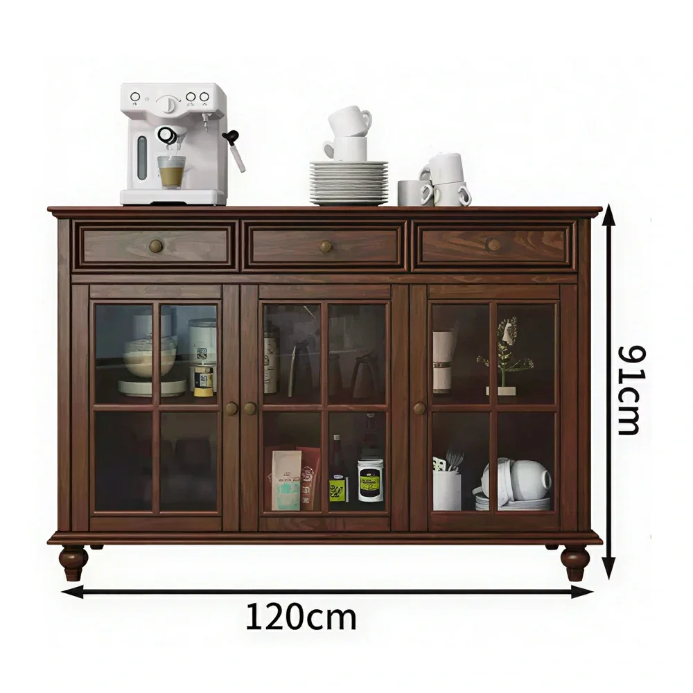 LUXORA Solid Ash Wood Glass Door Three Door Storage Cabinet Vintage Organizer for Bedroom Living Room - Walnut - Image 6