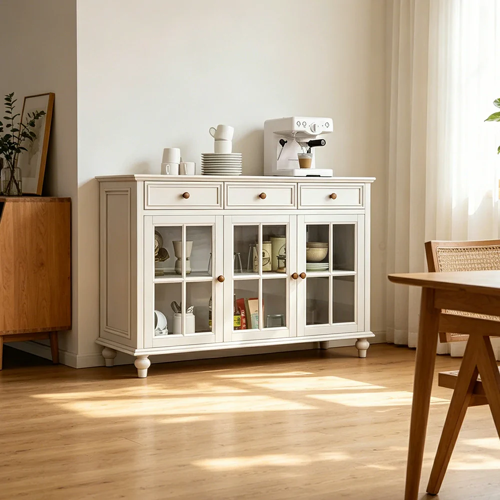 LUXORA Solid Ash Wood Glass Door Three Door Storage Cabinet Vintage Organizer for Bedroom Living Room - White - Image 4