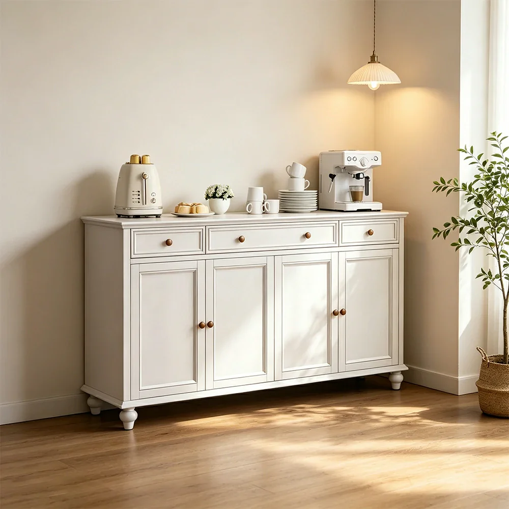 LUXORA Solid Ash Wood Four Door Storage Cabinet Vintage Organizer for Bedroom Living Room - White - Image 2