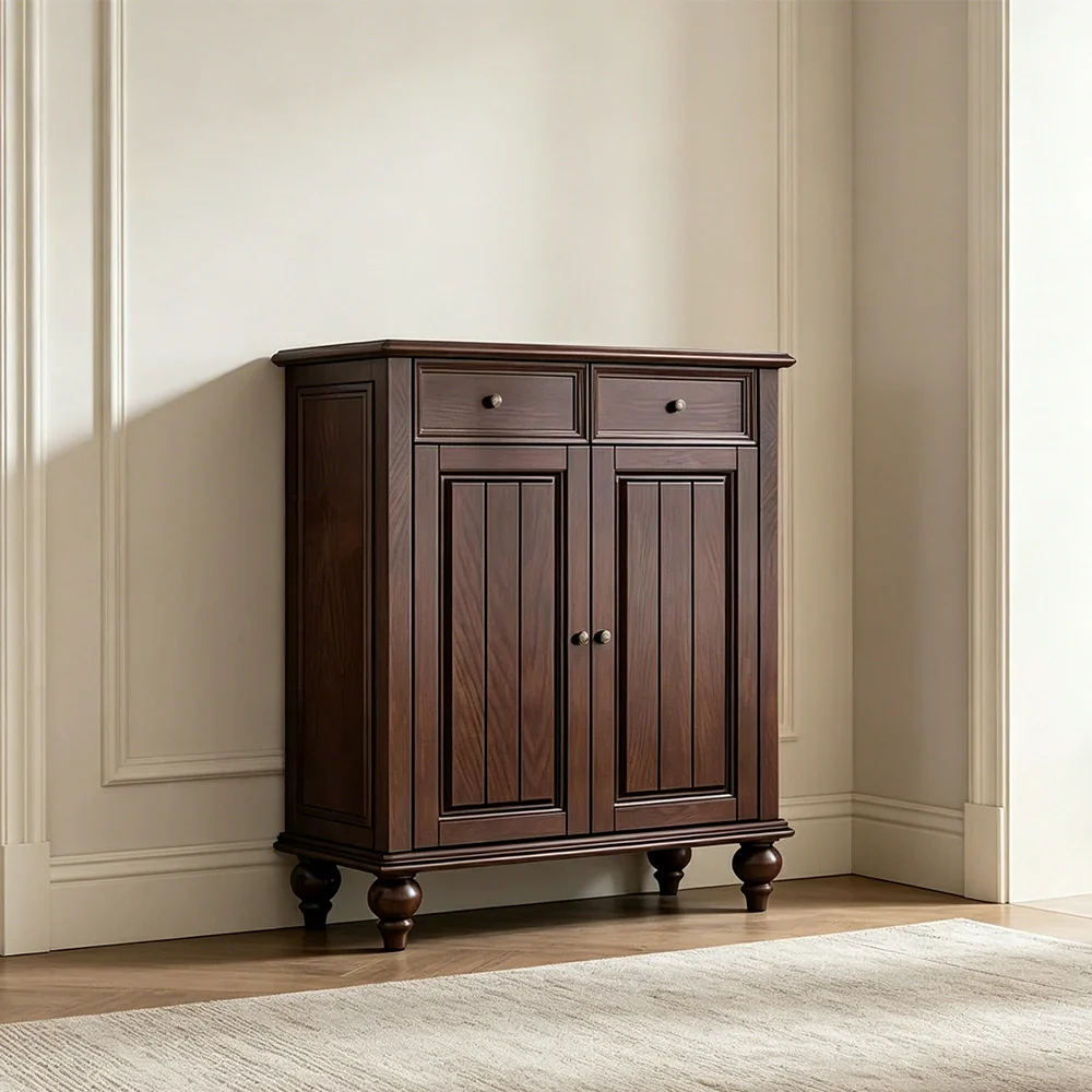 LUXORA Solid Ash Wood Shoe Cabinet - 80cm Entryway Storage Cabinet with Double Doors & Drawers for Hallway - Walnut - Image 4
