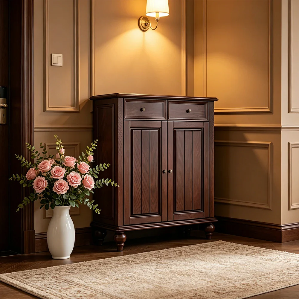 LUXORA Solid Ash Wood Shoe Cabinet - 80cm Entryway Storage Cabinet with Double Doors & Drawers for Hallway - Walnut - Image 5