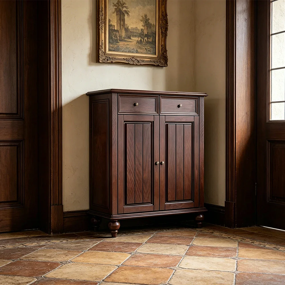 LUXORA Solid Ash Wood Shoe Cabinet - 80cm Entryway Storage Cabinet with Double Doors & Drawers for Hallway - Walnut - Image 6