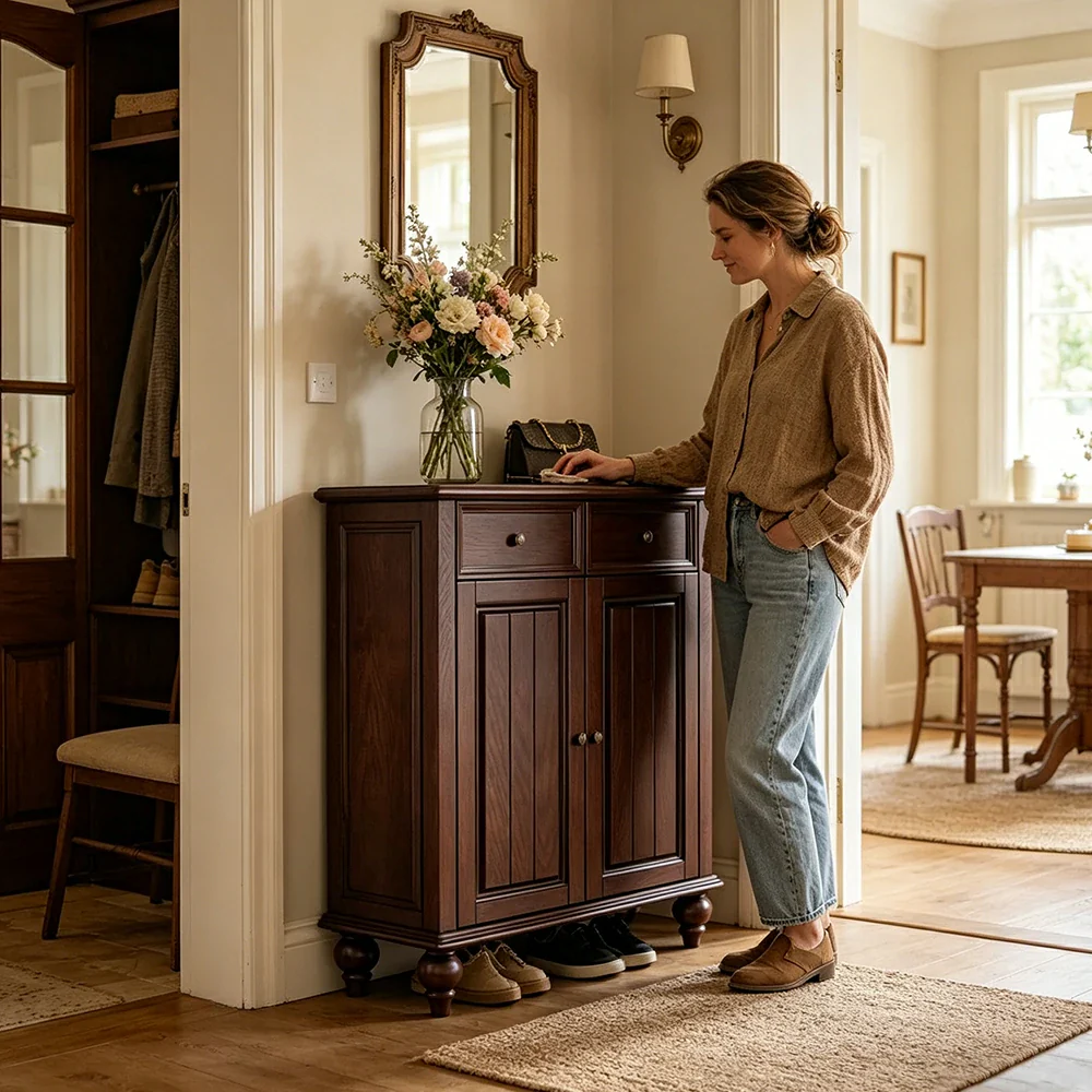 LUXORA Solid Ash Wood Shoe Cabinet - 80cm Entryway Storage Cabinet with Double Doors & Drawers for Hallway - Walnut - Image 7