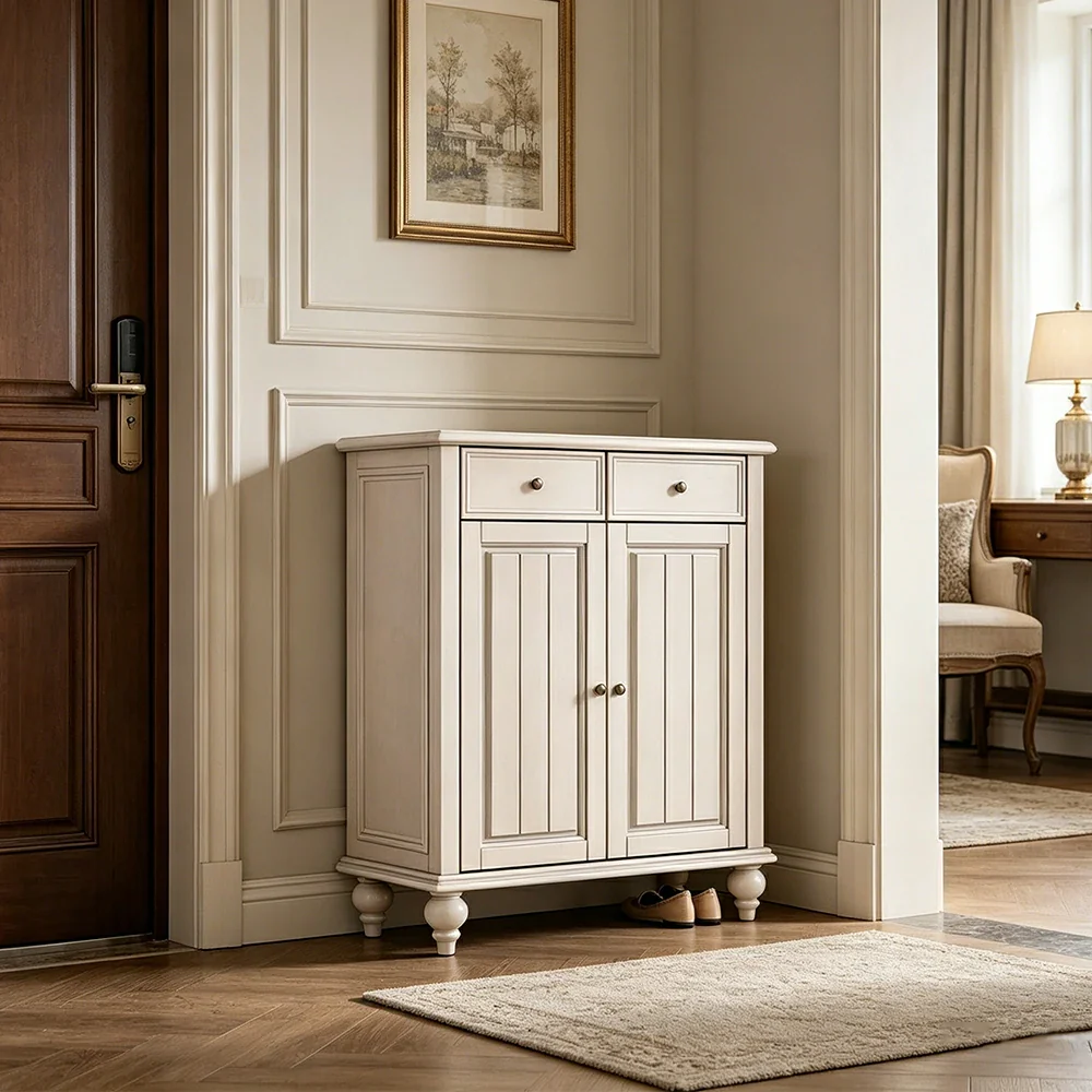 LUXORA Solid Ash Wood Shoe Cabinet - 80cm Entryway Storage Cabinet with Double Doors & Drawers for Hallway - White - Image 4