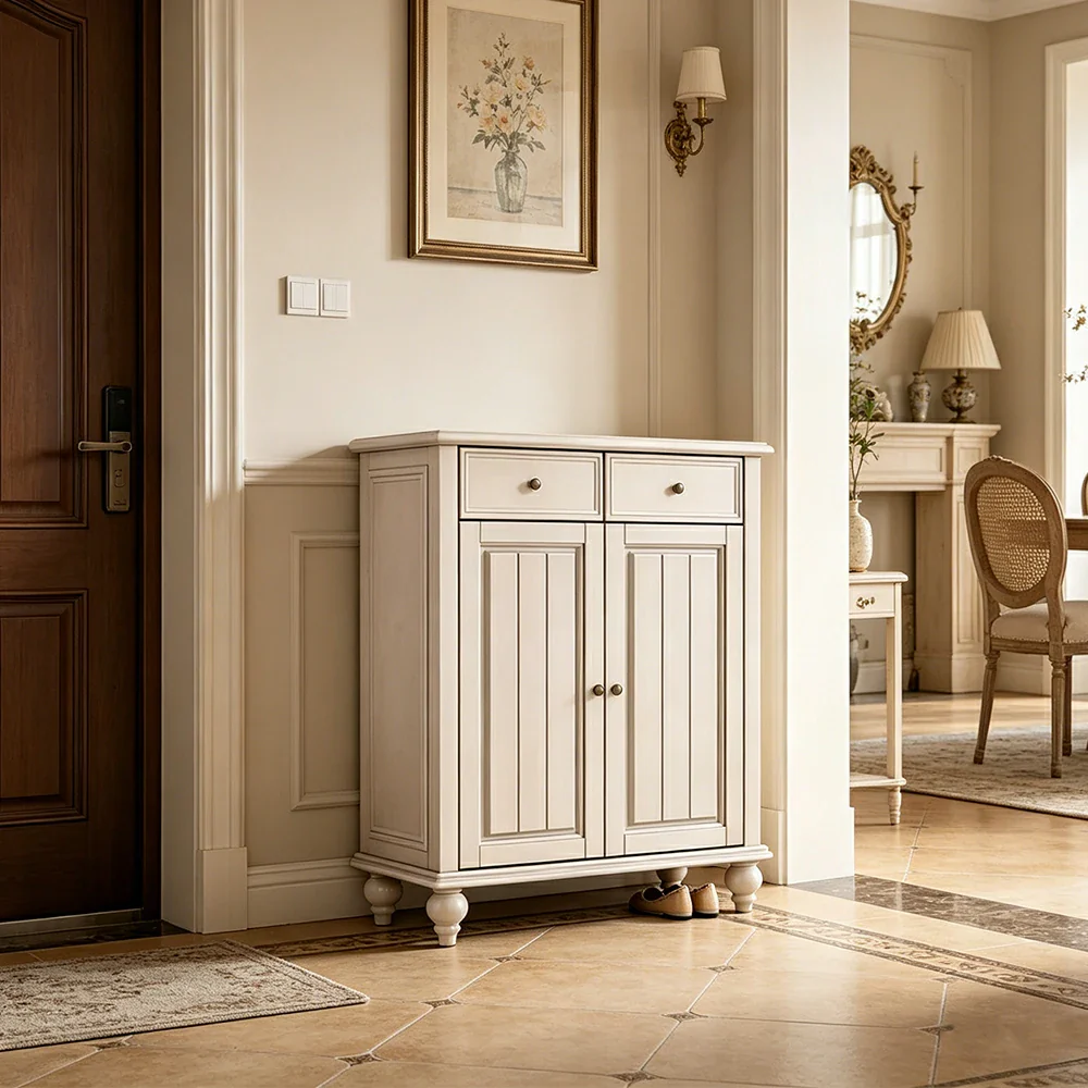 LUXORA Solid Ash Wood Shoe Cabinet - 80cm Entryway Storage Cabinet with Double Doors & Drawers for Hallway - White - Image 5