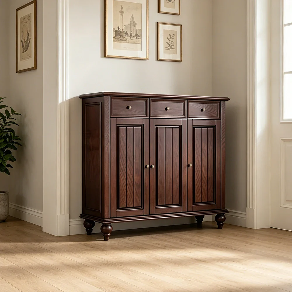 LUXORA Solid Ash Wood Shoe Cabinet - 120cm 3 Door Entryway Storage Cabinet with Drawers for Hallway - Walnut - Image 4