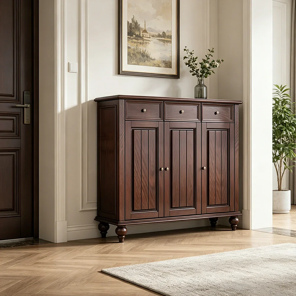 LUXORA Solid Ash Wood Shoe Cabinet - 120cm 3 Door Entryway Storage Cabinet with Drawers for Hallway - Walnut - Image 6