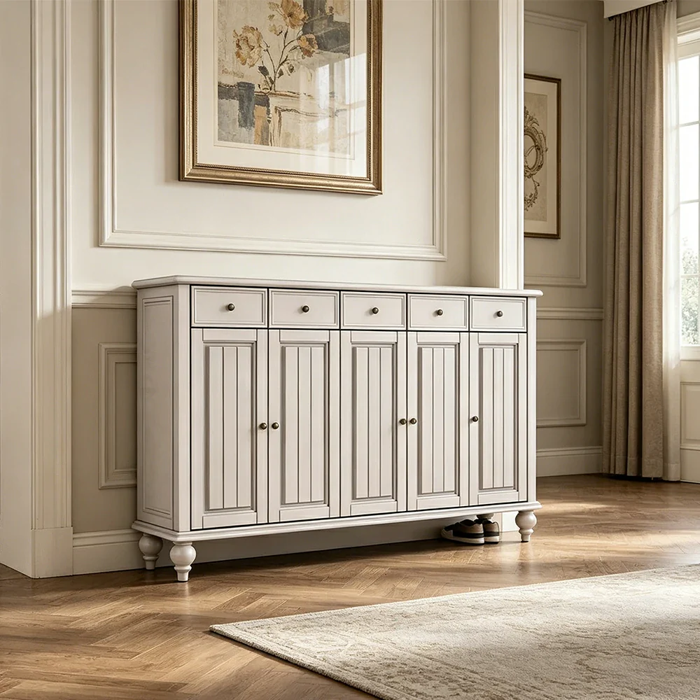 LUXORA Solid Ash Wood Shoe Cabinet - 180cm 5 Door Entryway Storage Cabinet with Drawers for Hallway - White - Image 4