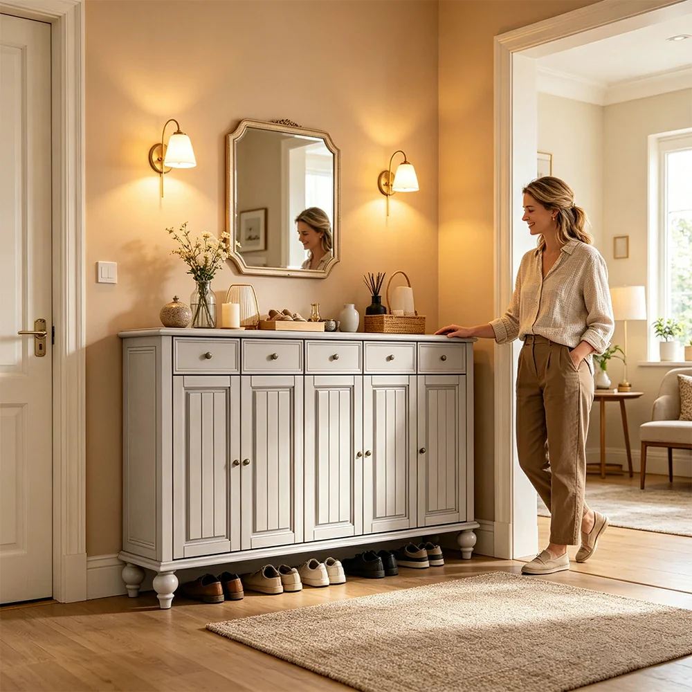LUXORA Solid Ash Wood Shoe Cabinet - 180cm 5 Door Entryway Storage Cabinet with Drawers for Hallway - White - Image 7
